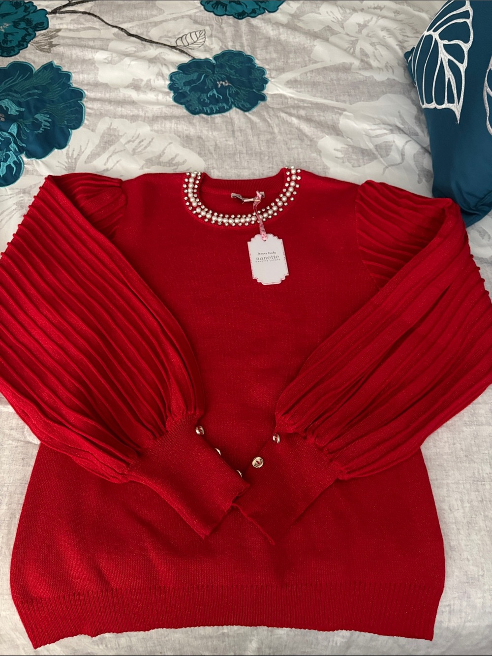 Nanette Lepore Red Pearl & Crystal Trim Sweater